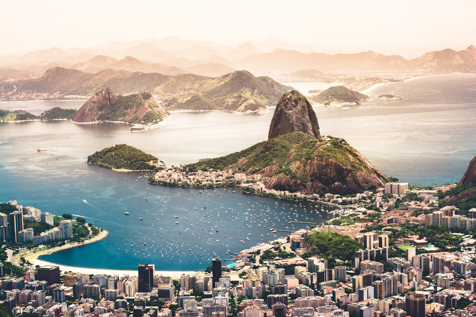 Aerial view of Rio de Janeiro with Christ the Redeemer and Sugarloaf Mountain