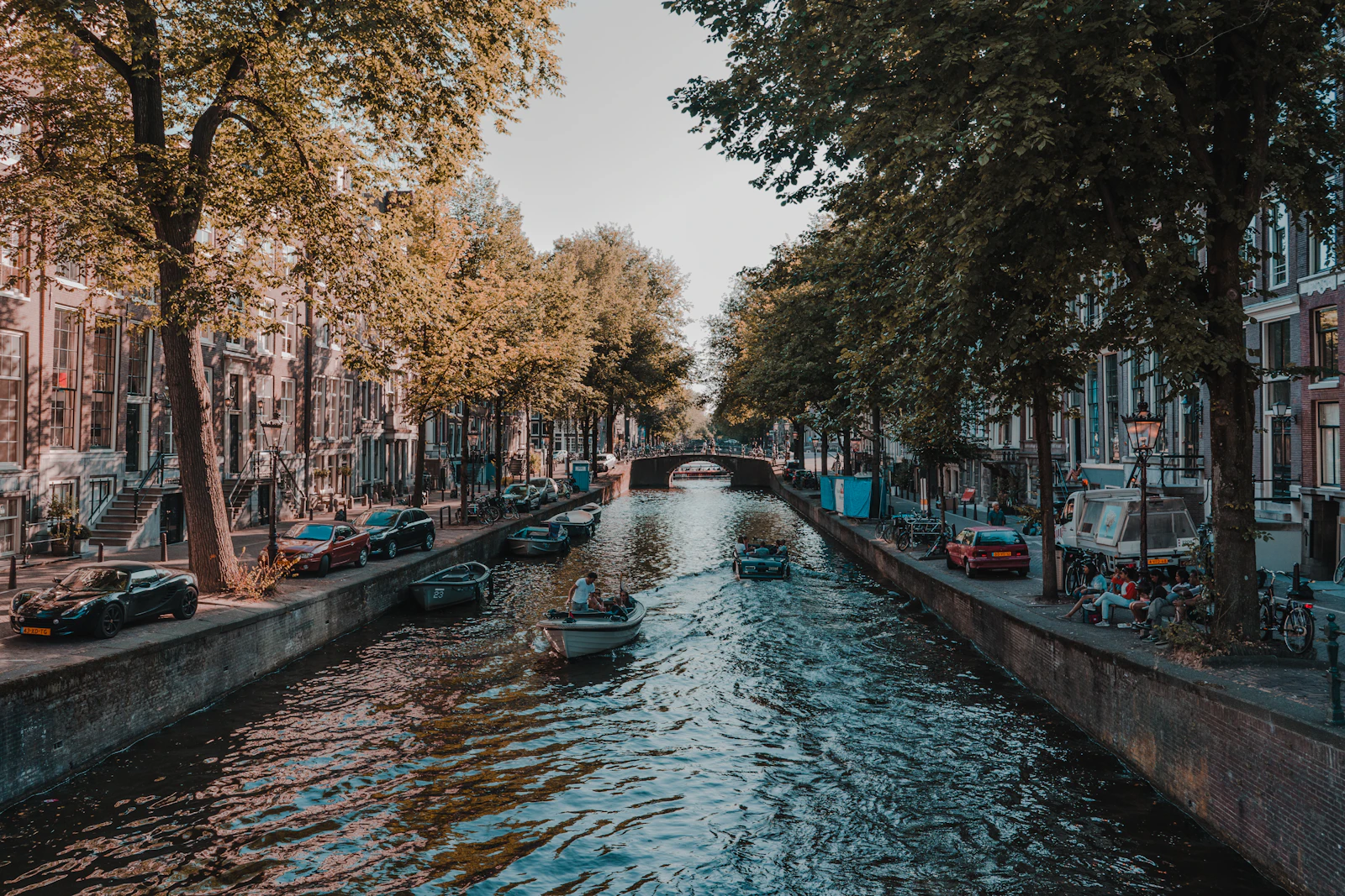 Amsterdam canal with traditional Dutch houses and boats
