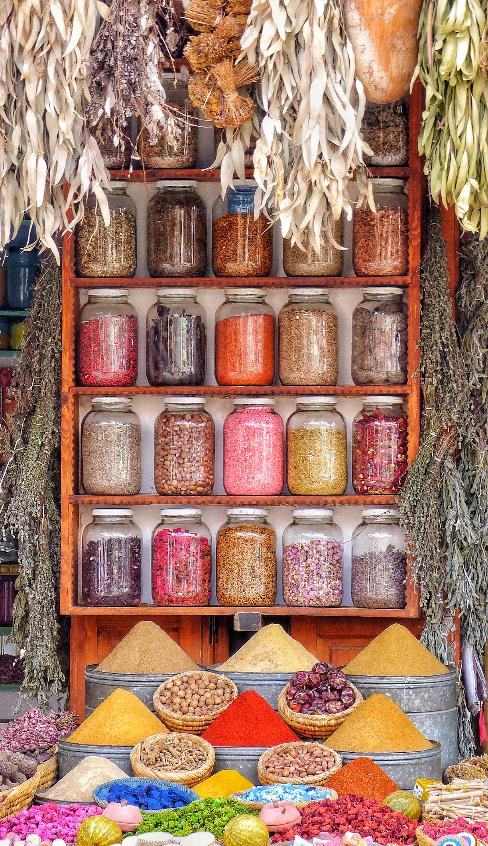 Colorful spices on display at a Moroccan market